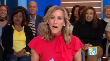 Karen millen ruf­fled tie-neck dress red worn by Lara Spencer on Good Morning America October 24, 2019