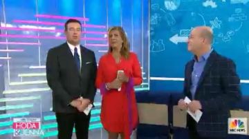 Badgley Mischka Belt­ed Two-Tone Shirt Dress Red worn by Hoda Kotb on Today October 28, 2019 