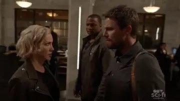 Iro Ashville Jack­et worn by Laurel Lance (Katie Cassidy) in Arrow Season 08 Episode 02