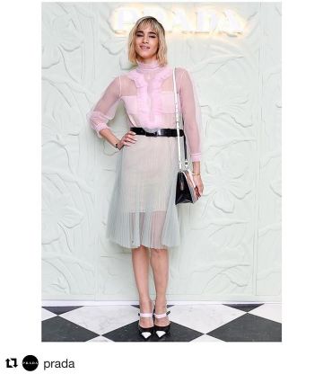 Prada Pink Ruffled Blouse worn by Sofia Boutella on the Instagram account @sofisia7