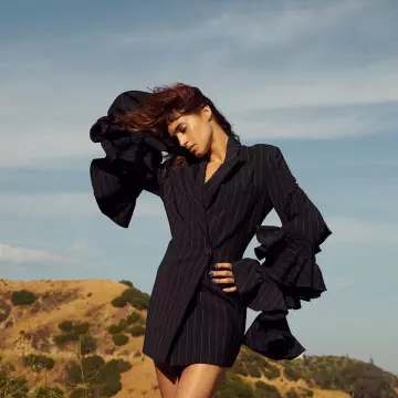 Ellery Tiered ruffled striped woven jacket worn by Sofia Boutella on the Instagram account @sofisia7