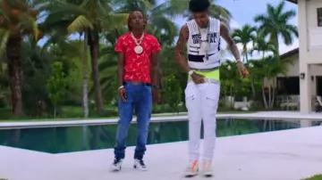 Louis Vuitton white and gray check belt worn by Blueface as seen in his  Daddy music video feat. Rich The Kid