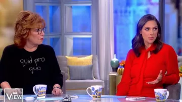 Bcbgmaxazria Jew­el Red Tie-Neck Sweater worn by Abby Huntsman on The View October 31, 2019