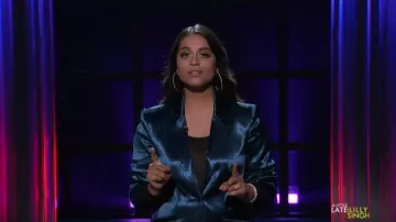 Cinq à Sept Blue Kylie Satin Blazer worn by Lilly Singh on A Little Late with Lilly Singh October, 2019