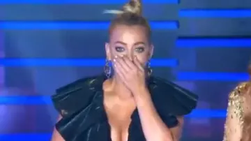 House of CB Black Dianna Exaggerated Frill Dress worn by Jackie O in The Masked Singer Australia Season 1 Episode 5
