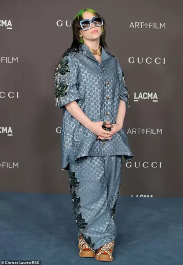 Gucci Icon custom made shirt and pants in blue worn by Billie Eilish at the LACMA Art + Film gala 2019