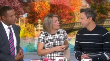 Theory Navy Blue and White Striped Sweater usado por Seth Meyers en Today noviembre 5, 2019