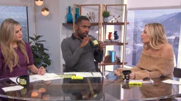 Cult Gaia Camel Off-Shoulder Knit Dress worn by Morgan Stewart on E! News, November 5, 2019