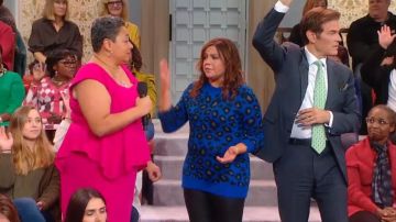 AQUA Cachemire Bleu Leopard en Détresse Chandail porté par Rachael Ray Sur Rachael Ray, Nobember 5, 2019