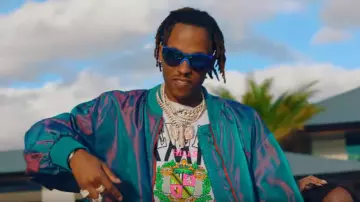 Amiri White Beverly Hills logo print cotton t shirt of Rich the Kid in the music video Tyga - Girls Have Fun (Official Video) ft. Rich The Kid, G-Eazy