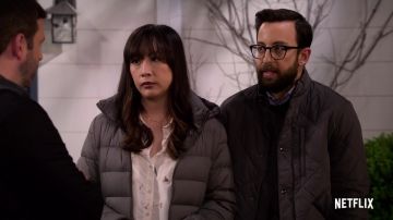 Grey Puff Jacket worn by Joy (Elizabeth Ho) in Merry Happy Whatever (S01)