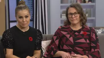 Lafayette 148 New York Bil­lie Geo Print Flut­ed Sleeve Dress worn by Jess on The Loop November 11, 2019