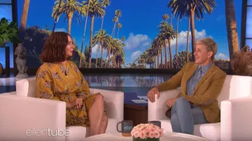 Rhode Caroline High Neck Animal Print Flounce Dress worn by Maya Rudolph on The Ellen Show November 5, 2019