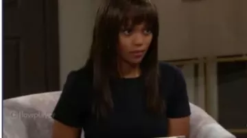 Elynah Asym­met­ric Pe­plum Tai­lored Dress worn by Amanda Sinclair (Mishael Morgan) as seen on The Young and the Restless November 8, 2019