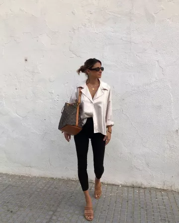Beige Satin Blouse of Maria Teresa Valdes on the Instagram account @marvaldel