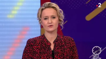 La tunique satinée,imprimé léopard, manches longues de Caroline Roux dans Télématin le 14.11.2019