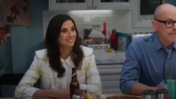 Veronica Beard Yellow and White Schoolboy Shrunken Plaid Jacket worn by Delia (Michaela Watkins) in The Unicorn Season 1 Episode 7