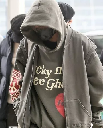 The sweat hoodie grey Lucky me I see ghosts worn by J-Hope, on the account Instagram of @bts_jhope