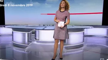 Vestido acampanado de Marie-Sophie Lacarrau en jacquard azul marino y rojo en Journal de 13 heures el 08.11.2019