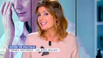 Le pull col rond avec broche en maille mélangée blush, pois en relief devant de Caroline Ithurbide dans William à midi le 20.11.2019