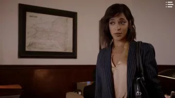 Ganni Navy Stripe Blaz­er worn by Edie Palmer (Megalyn Echikunwoke) in Almost Family Season01 Episode05