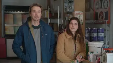 Patagonia Diamond Navy Blue Quilted Bomber Jacket worn by Mike (Dax Shepard) in Bless This Mess Season 02 Episode 07