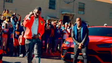 Givenchy Blue leather sleeve hooded jacket worn by Yo Gotti in Goodbye Official Music Video by lac Youngsta feat. Yo Gotti, Moneybagg Yo