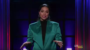 The kooples Satin Blaz­er in Green worn by Lilly Singh on A Little Late with Lilly Singh November 12, 2019