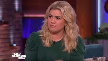 Jonathan simkhai Asym­met­ri­cal Sued­ed Jer­sey Faux Wrap Dress worn by Kelly Clarkson on The Kelly Clarkson Show November 21, 2019