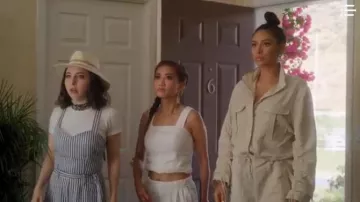 Rag & Bone White Ruched Jump­suit worn by Stella Cole (Shay Mitchell) in Dollface Season01 Episode10