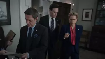 Alexander Mcqueen Flared Pin­stripe-Wool Trousers worn by Elizabeth McCord (Téa Leoni) in Madam Secretary Season 06 Episode 09