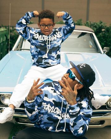 Taylor Gang Blue Core Logo Flocked Blue Camo Pullover of Wiz Khalifa on the Instagram account @wizkhalifa