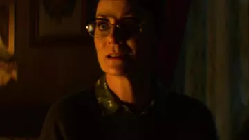 Dog print blouse of Mary Wardwell (Michelle Gomez) in Chilling Adventures of Sabrina (S01E01)