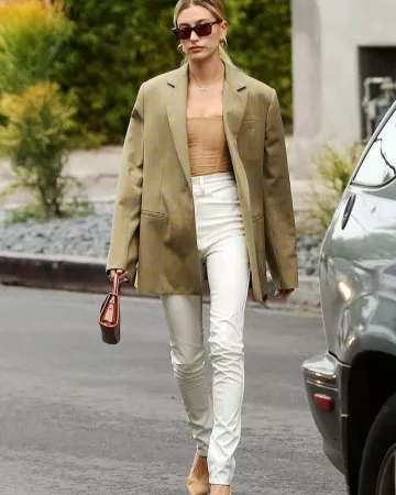 Nina Ricci Check Over­sized Blaz­er worn by Hailey Baldwin Blue Bottle Coffee Shop December 7, 2019