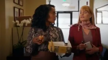 Elie Tahari Women’s Elizabeth Python-Print Strech-Silk Blouse worn by Lola Carmichael (Simone Missick) in All Rise Season 1 Episode 10