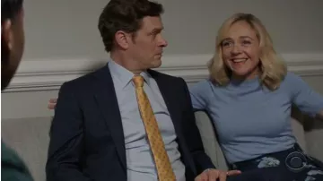 Elie Tahari Blue Scalloped Edge Sweater worn by Susan (Rachel Bay Jones) in God Friended Me Season 2 Episode 9