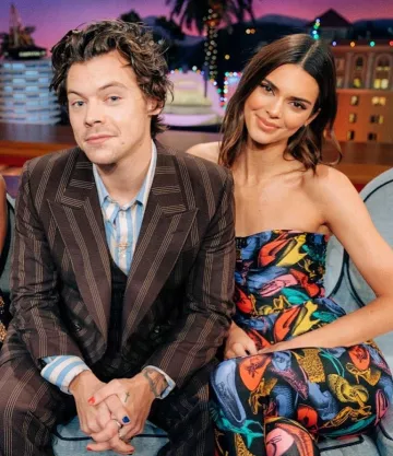 Luv Aj Pave Amal­fi Hug­gies Ear­rings worn by Kendall Jenner the Late Late Show with Harry Styles December 10, 2019