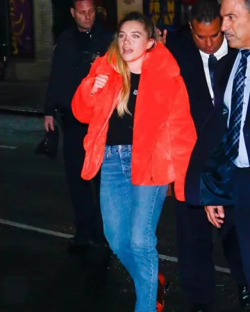 Chloé Red Rylee Stud­ded Bro­cade Booties worn by Florence Pugh New York City December 10, 2019