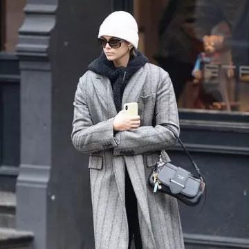 Stella Mccartney Black & White Wool Her­ring­bone Coat worn by Kaia Jordan Gerber New York City December 13, 2019