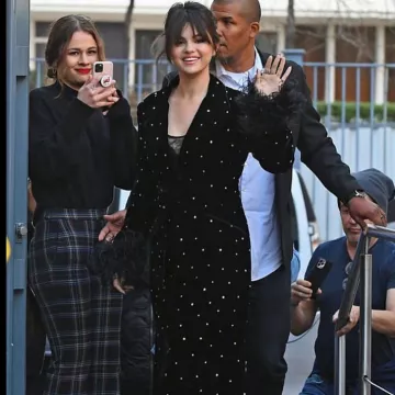 Miu Miu Em­bell­ished Vel­vet Coat worn by Selena Gomez Nrj Radio Station in Paris December 13, 2019