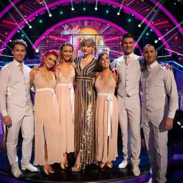 Galvan Stardust Plunge Neck Sequinned Gown worn by Taylor Swift BBC Strictly December 14, 2019
