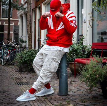 Yeezy 350 white reflective worn by tonton gibs on the account Instagram of @tonton_gibs 