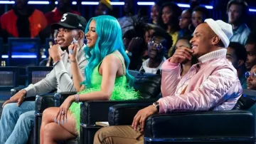 Pink silk bomber jacket of T.I. in Rhythm + Flow (S01E08)