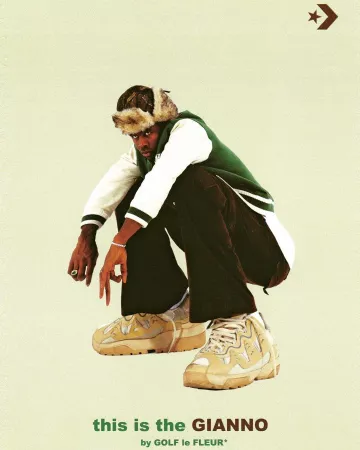 Large sneakers brown and beige worn by Tyler, The Creator on the account Instagram of @feliciathegoat