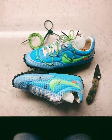 Nike Waffle Racer Off-White Vivid Sky (W) on the account Instagram of @sneakernews