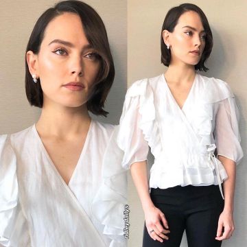 Chloe Ruffle-trimmed ramie wrap top worn by Daisy Ridley on the Instagram account @ridleydailys