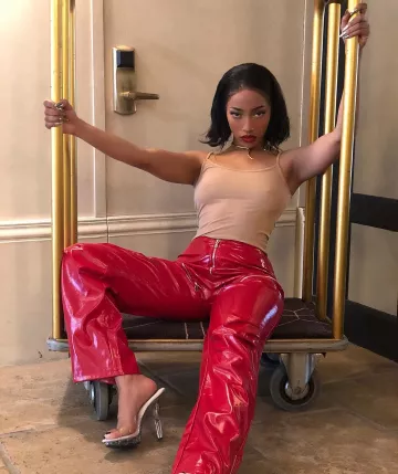 Le pantalon en vinyle rouge porté par Shay sur le compte Instagram de @shayizi
