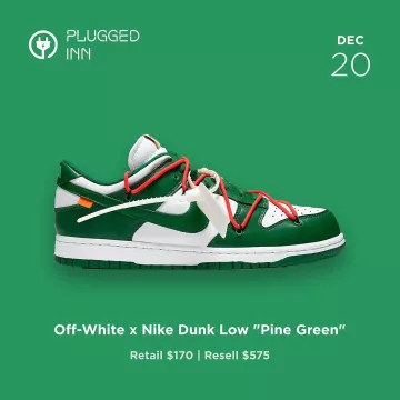 Sneakers Nike Dunk Low Off-White Pine Green on the account Instagram of @pluggedinn.io