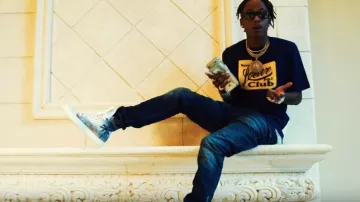 Amiri Blue Palm Tree Print Sneakers worn by Rich the Kid She Miss Me Official Music Video by Gucci Mane