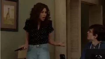 Top in Paint­ed Dot worn by Maya DiMeo (Minnie Driver) in Speechless Season 3 Episode 15